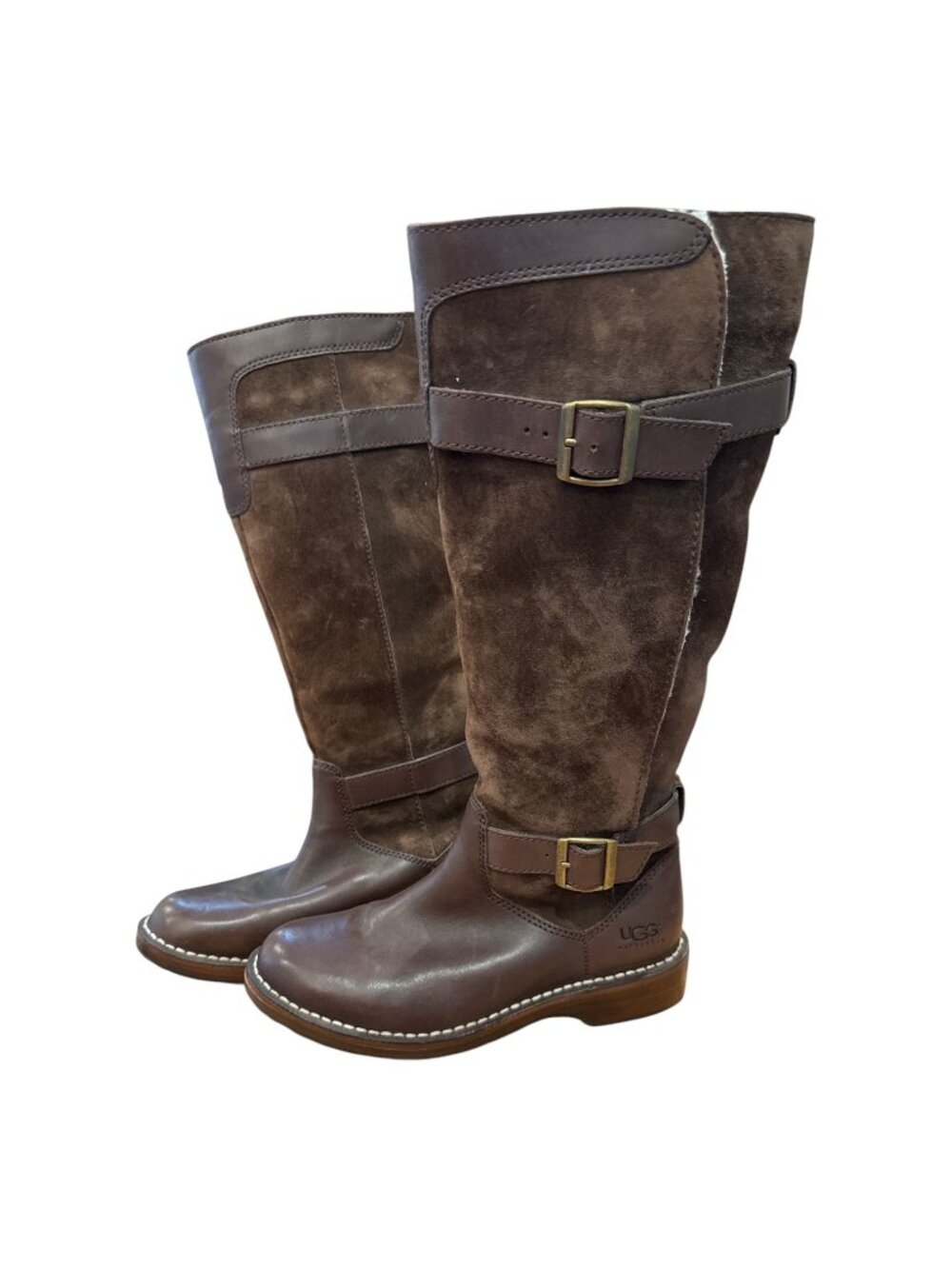UGG Australia Womens Tall Leather & Suede Brown Buckle Sheepskinn Boots Sz 6 EUC